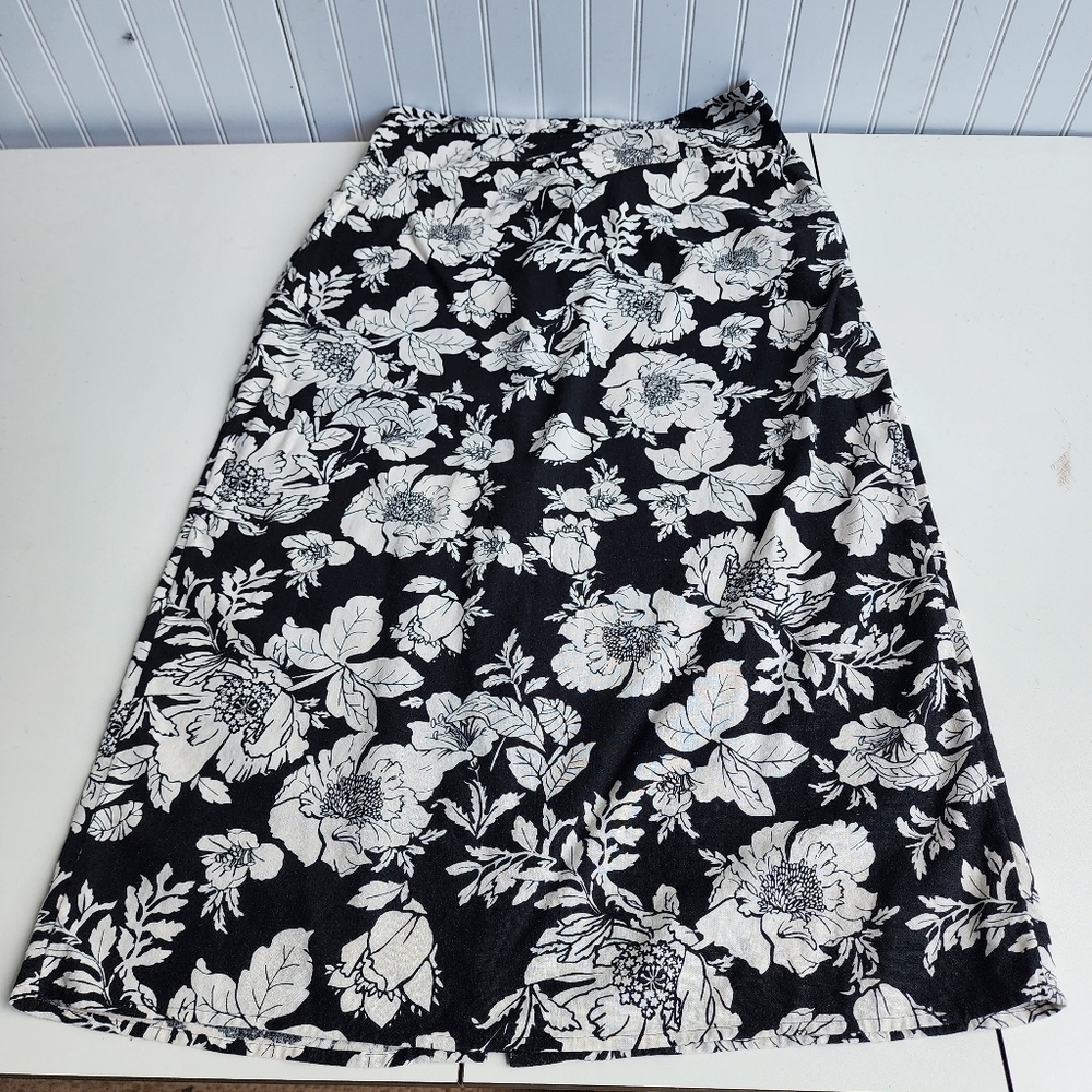 Old Navy Skirt Womens Black White Floral Linen Blend Long Maxi Casual Sz L